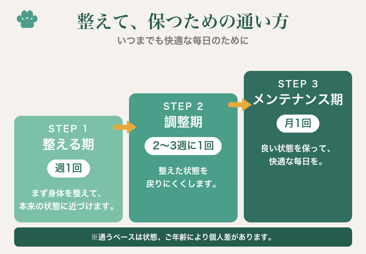 整えて保つための通い方の目安（整える期→調整期→メンテナンス期）